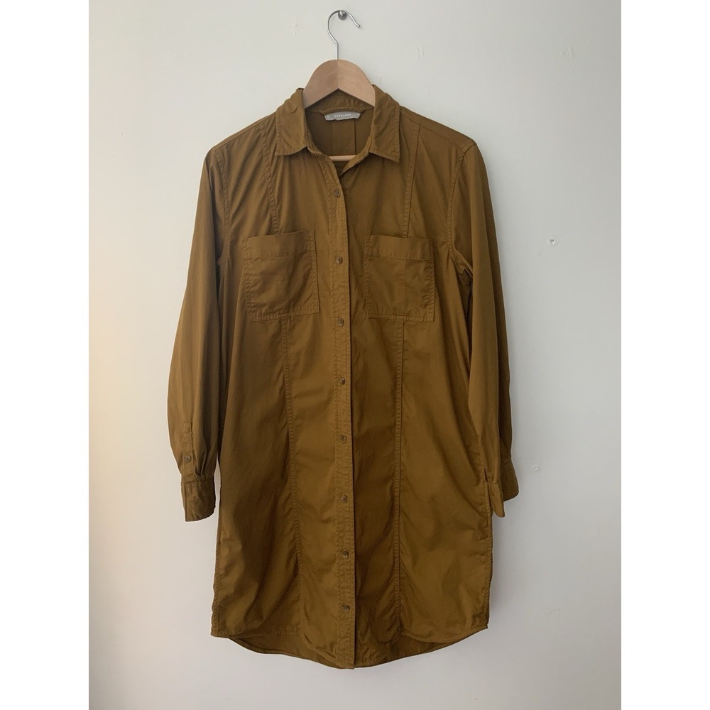Everlane Modern Utility Shirt Dress Brass 8 Pockets Collar Cotton Blend Comfort